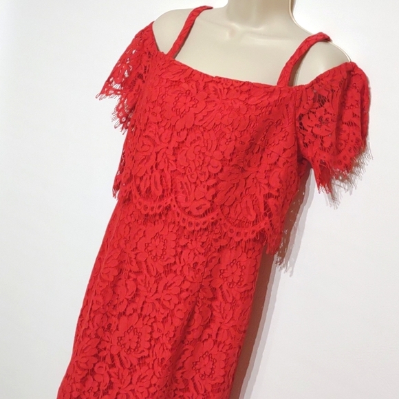SOPRANO Red Lace Dress Cold Shoulder Size Medium - Picture 6 of 14